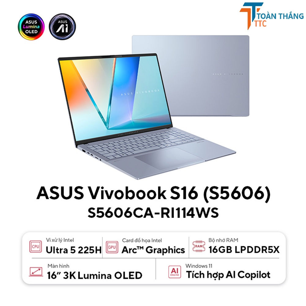 Laptop ASUS Vivobook S 16 S5606CA-RI114WS (Intel Core Ultra 5 225H | 16GB | 512GB | Intel Arc | 16 inch 3K OLED | Win 11 | Office | Xanh)